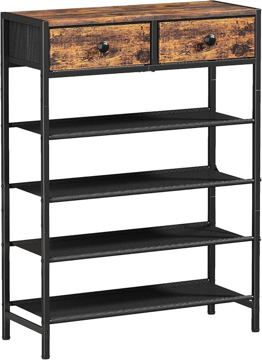 Shoe Rack, 5 Tier Shoe Organizer with 2 Drawers, Metal Shoe Storage for 16-20 Pairs of Shoes with Fabric Shelves and Wooden Top, Narrow Shoe Shelf for Closet Entryway Rustic Brown-NeatNest