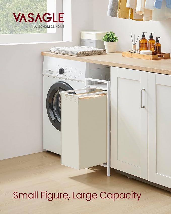 VASAGLE Laundry Hamper, Laundry Basket, Laundry Sorter with a Pull-Out and Removable Bag, Shelf, Metal Frame, 12.4 Gallons (47 L), 16.5 x 11 x 29.5 Inches, Cream White and Cloud White UBLH001W01-NeatNest
