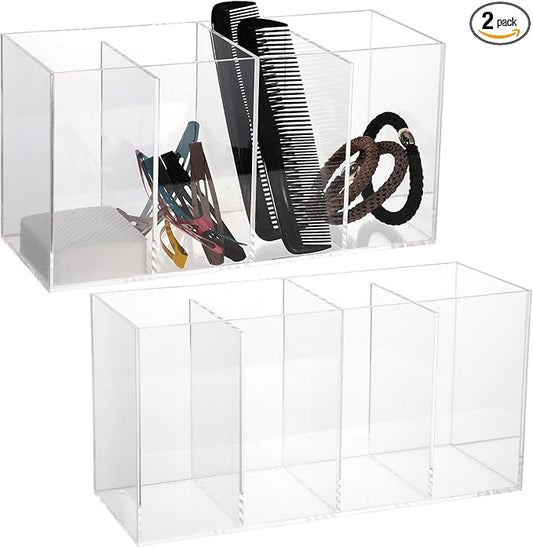 2 Pack 4 Compartment Acrylic Makeup Organizer and Storage with Lid Bathroom Storage with 4 Tray Eyelash Mascara Brushes Organizer Brush Holder for Cosmetics, Cotton Balls or Office Supplies-NeatNest