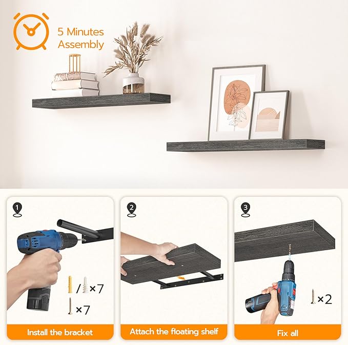 HOOBRO Floating Shelves for Wall, Wall Mounted Shelf Set of 2, 23.6" Hanging Shelf with Invisible Brackets, for Wall in Bathroom, Bedroom, Toilet, Kitchen, Living Room, Office, Charcoal Gray BC60BJ01-NeatNest