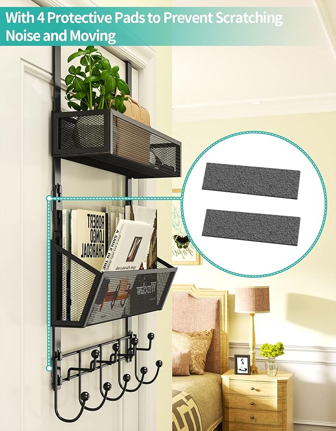 HapiRm Over The Door Hooks with 9 Hooks and 2 Baskets, Rustproof & Waterproof 304 Stainless Steel Door Hanger, Storage Organizer for Bathroom, Kitchen, Bedroom-Black (for 1.57in Doors)