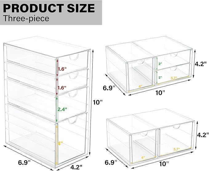 Prsildan Acrylic Drawer Makeup Organizer with 9 Drawers, Set of 3 Office Desk Organizers Accessories, Clear Stackable Storage Drawers for Vanity, Countertop, Craft, Jewelry, Art Supply Organization-NeatNest
