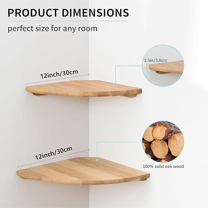 Corner Shelves, Floating Corner Shelf, Set of 2 12inch Solid Oak Wood Wall Shelves, Round End Wall Mount Display Shelf with Wire Hole for Bedroom Kitchen, Living Room-NeatNest