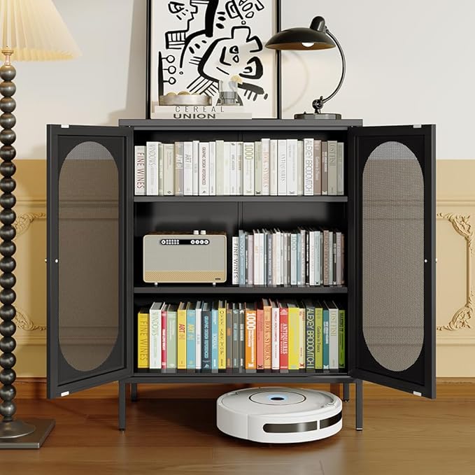 2 Doors Locker Metal Storage Cabinet, Storage Cabinet with Legs, Buffet Cabinet with Adjustable Shelves for Home, Office, Entryway and Hallway (Mesh Door Cabinet, Black)