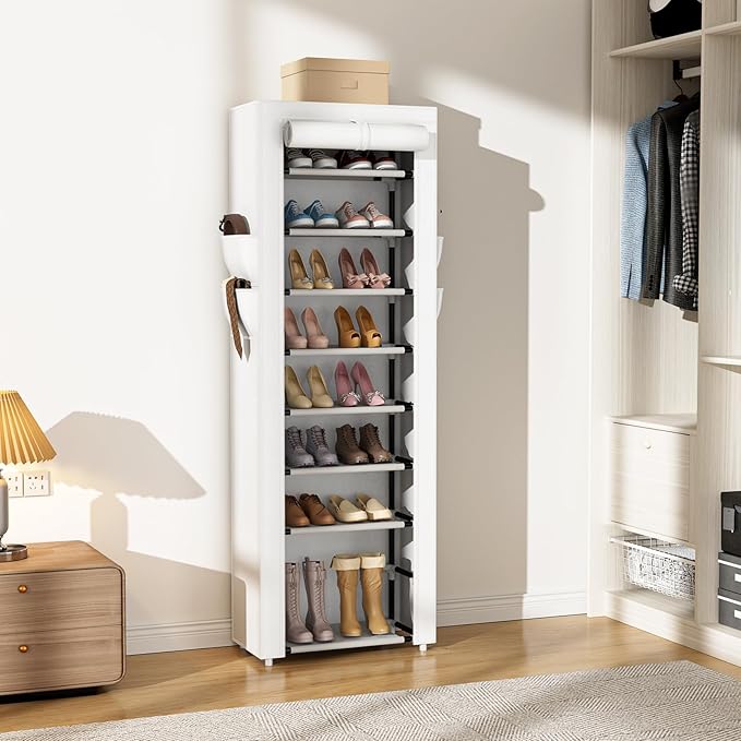 Shoe Rack with Cover Narrow Shoe Rack Organizer with 4 Side Pockets 10 Tier Tall Shoe Storage Shoe Shelf Holds 18-22 Pairs Shoes and Boots Shoe Rack for Closet, White-NeatNest