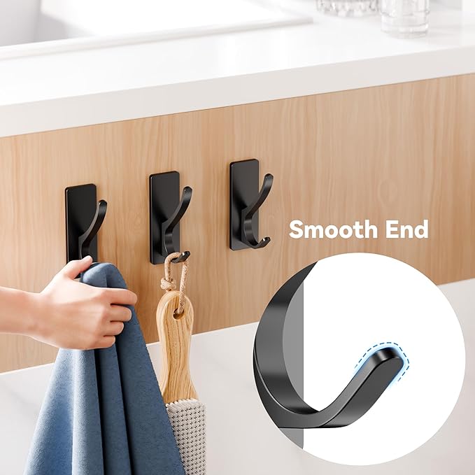 10-Pack Self Adhesive Towel Hooks: Extra Strong 13LB, Stainless Hook for Hanging Loofah, Towels, Coat, Bath Robe Bathroom Shower, Black