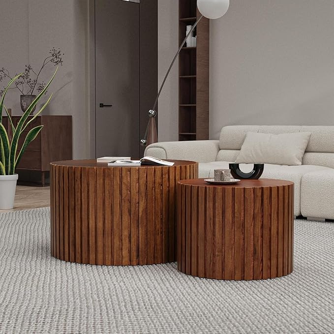 Round Coffee Table Set of 2, Nesting Coffee Table and End Table Set Small Circle Drum Side Table for Living Room Office, No Assembly (C Walnut Small)