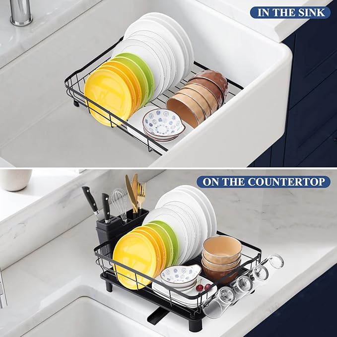 Homaxy Dish Drying Rack for Kitchen Counter (16.93''L x 12.99''W), Space-Saving Dish Drainer Rack Set with Drainboard, Large Dish Rack with Utensil Holder, Cup Rack and Knife Slots, Black