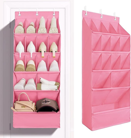 FENTEC 1 Pack Over-the-Door-Shoe-Organizers, Hanging Shoe Organizers with Large Pocket Shoe Holder Hanging Shoe Rack for Closet Shoe Organizer for Wall, Over Door Organizer with 15 Pockets Pink-NeatNest
