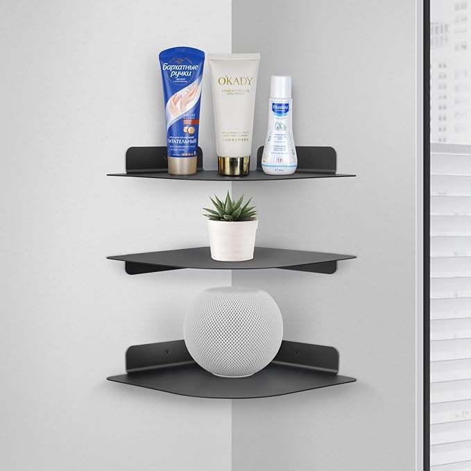 8" Floating Corner Shelf, Metal Corner Shelf Wall Mount for Wall Storage, for Smart Home, Speakers, Internet Router, Security Camera - for Bathroom, Kitchen, Bedroom, and Living Room (Black)-NeatNest