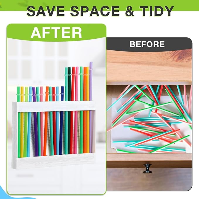 Acrylic Straw Holder for Cabinet Door with Double Sided Adhesive Tape Reusable Straw Organizer Tumbler Storage Kitchen Accessories Container for Counter Cupboard(Wood Texture,Large,White)