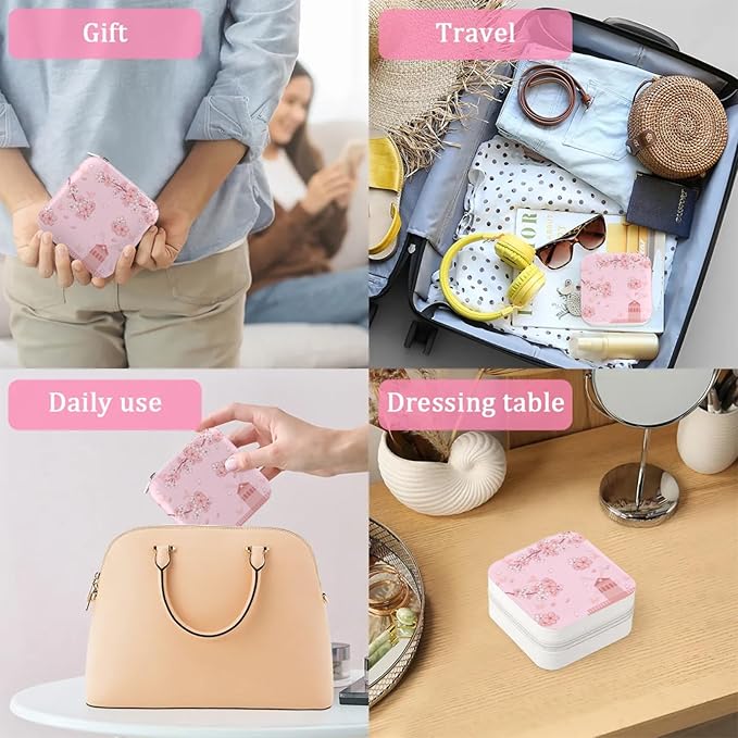 Cherry Blossom Travel Jewelry Organizer, Necklace Box with Mirror, Leather Mini Travel Jewelry Case, Best Present for Women's and Girls-NeatNest
