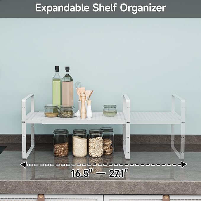 16.5-27’’L Expandable Cabinet Countertop Shelf Organizer, Stackable Metal Shelves, Kitchen Organizers and Storage, White Storage Spice Rack for Pantry and Cupboard-NeatNest
