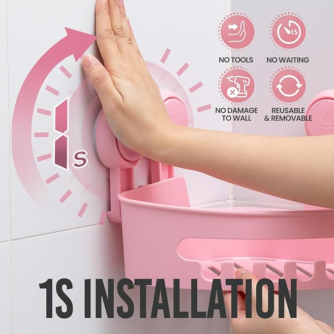 TAILI Suction Corner Shower Caddy, Bathroom Shelf Storage Basket Wall Mounted Organizer for Shampoo, Conditioner, Plastic Rack for Kitchen and Bathroom, Drill-Free Removable (2 Pack)-PINK