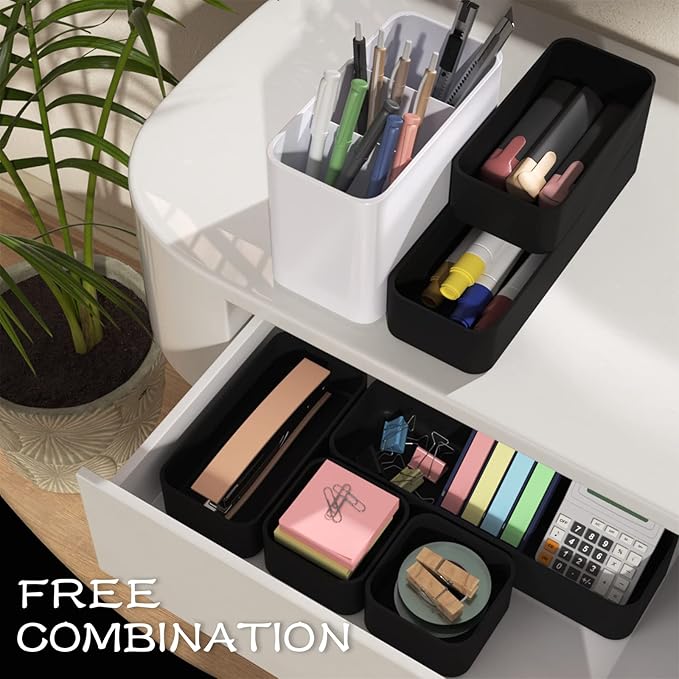 CHANCETSUI 6 PCS Stackable Drawer Organizers Set, Versatile Desk and Vanity Drawer Organizer Trays, Storage Bins for Makeup, Bathroom, Bedroom, Kitchen and Office, Black-NeatNest