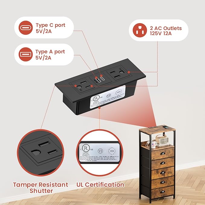 5 Drawers Dresser with Charging Station & Voice-Controlled LED Light, Tall Night Stand with 3 Lighting Modes, Bedside Table with Tamper-Resistant Outlets, USB Type C Port, Dresser for Bedroom
