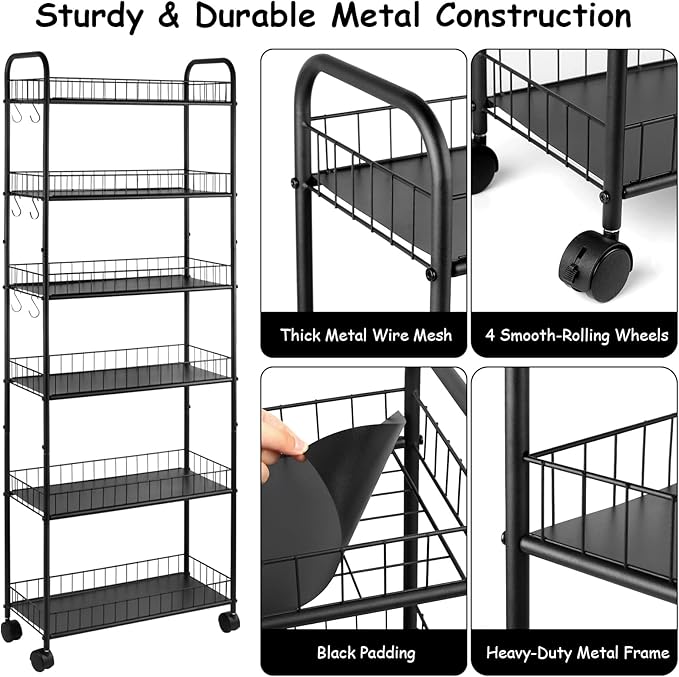 6 Tier Slim Storage Cart with Wheels Metal Rolling Organizer Utility Cart Narrow Mobile Shelving Unit Tiered Storage Shelf on Wheels for Kitchen Bathroom (Black, 6")
