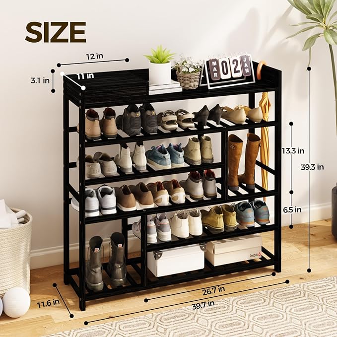 Bamworld Shoe Rack for Front Door Entrance Bamboo Shoe Organizer with Storage Box Free Standing Shoe Cabinet Shoe Storage Shelf for Entryway, Closet and Doorway (Black)-NeatNest