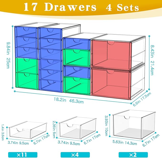 Acrylic Makeup Organizer with 17 Drawers, 4 Pack Clear Bathroom Counter Organizer for Palettes, Cosmetic, and Beauty Supplies,Ideal for Vanity, Cabinet,Desk Organization-NeatNest