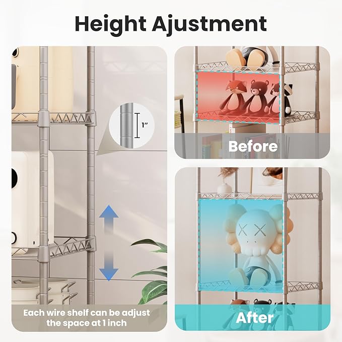 5 Tier Shelves, 16.9"x 13"x 53.9" Utility Rack Shelf, Metal Storage Shelving, Adjustable Wire Shelving Units, Heavy Duty Storage Organizer for Garage Laundry Office, Silver
