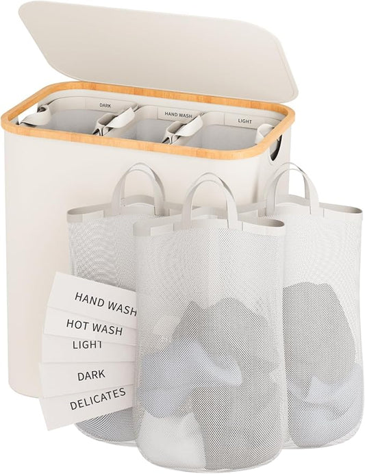 Laundry Hamper 3 Section, 145L Dirty Clothes Hamper with Lid, Extra Large Laundry Basket Organizer with Removable Inner Bags & Labels for Laundry Room, Bedroom, Beige-NeatNest
