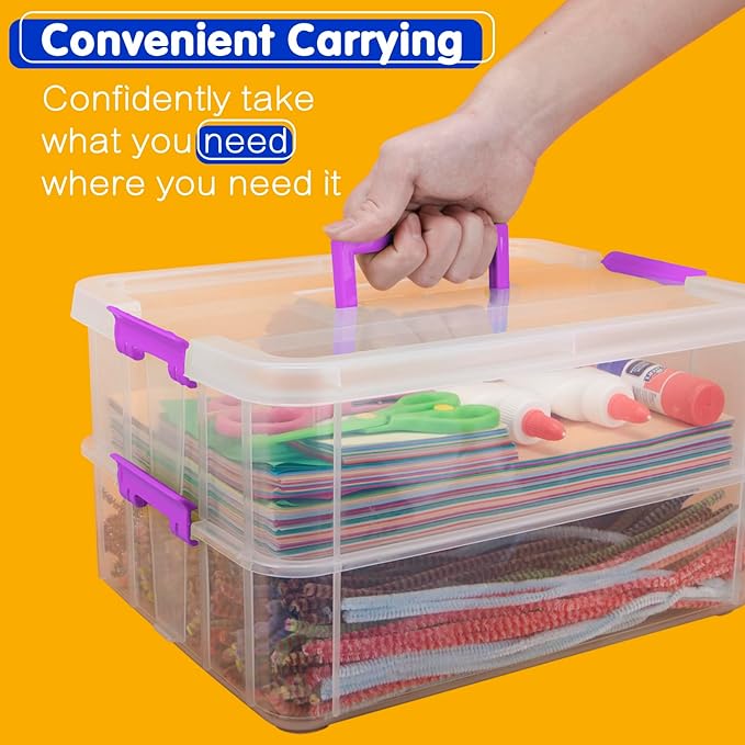 2 Layer Plastic Storage Containers with Lids, Multipurpose Clear Stack & Carry Box, Portable Craft Organizers and Storage Bin for Organizing Art & Craft, Sewing, Makeup, Nail Supplies (Purple)