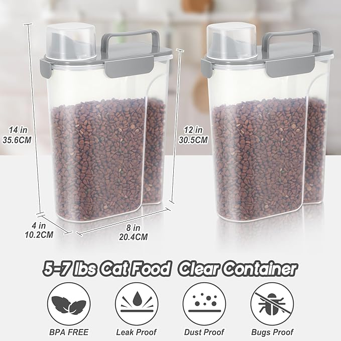 5-7Lbs Dog Cat Food Storage Container with Upgraded Large Nozzle BPA-free, 4 Snap Seals Plastic Pet Food Storage Containers with Handles (2, Light Gray, 5L)-NeatNest