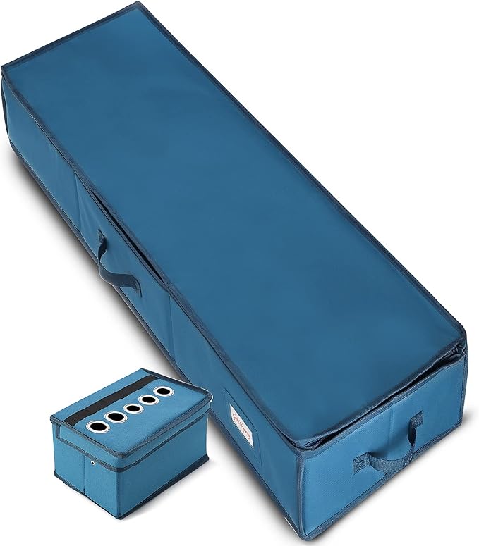 Hearth & Harbor Wrapping Paper Storage Container - Christmas Storage Bag with Ribbon Dispenser and Interior Pockets - Gift Wrap Organizer Fits Up to 26 Rolls of 40" Length, Blue-NeatNest