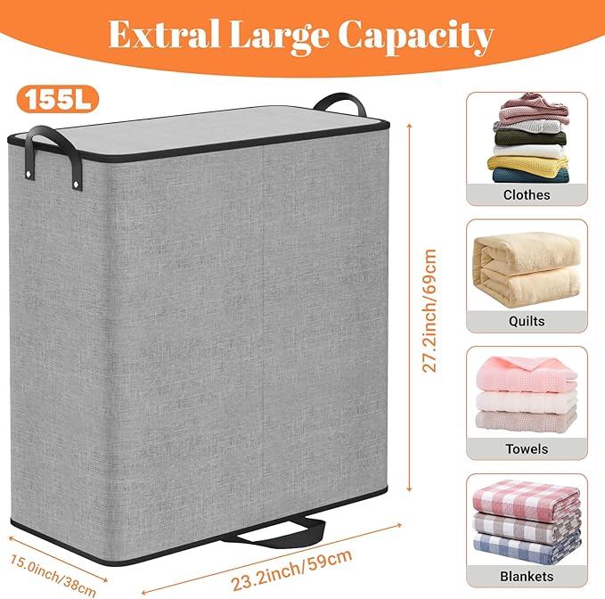 Large Double Laundry Hamper with Lid, Removable Bags & Reinforced Handles, 2 Section Tall Laundry Basket, Dirty Clothes Hampers for Laundry Room, Bedroom, Bathroom, Dorm, 155L, Gray-NeatNest