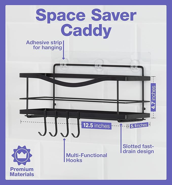 KINCMAX Premium Shower Caddy - Adhesive Bathroom Shower Organizer and Storage w/ 4 Hooks, No Drill Shower Shelves for Inside Shower, Rustproof Stainless Steel Shower Rack, Accessories Holder, Black
