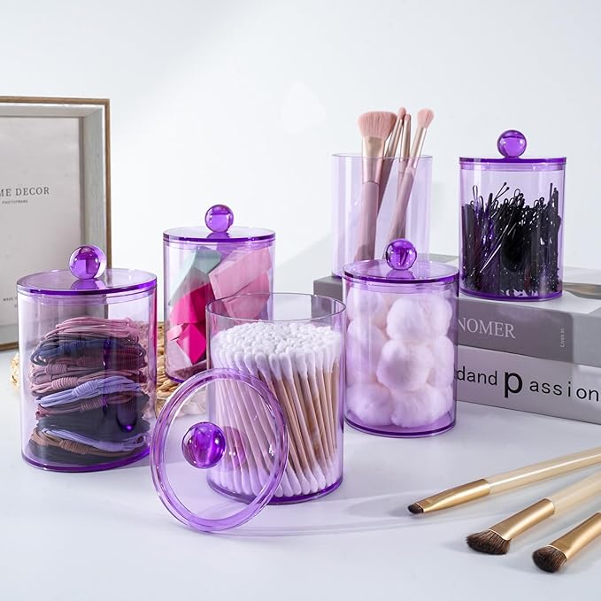 2 Pack Qtip Holder, Apothecary Jars Holder Dispenser, Bathroom Jars with Lids Set for for Cotton Swabs, Balls, Pads, Floss Picks,10oz-12oz Plastic Canisters(Purple)