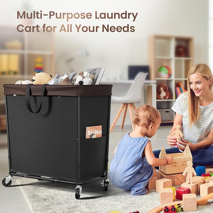 320L Laundry Basket with Wheels, 3-Section Rolling Hamper for Laundry, Extra Large Laundry Hamper with Wheels, Clothes Hamper Rolling Laundry Basket for Home, Bathrooms and Dorm(Black)