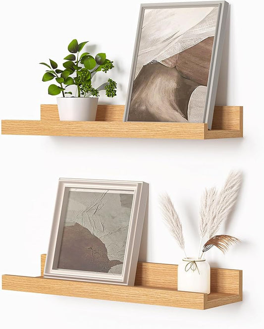 Heimlove Picture Ledge Shelf, Small Floating Shelves Set of 2, 16 Inches Picture Shelf for Wall with Ledge, Kids Bookshelf Wall Mounted for Living Room Bedroom Decor Books Photo Frames, Oak-NeatNest