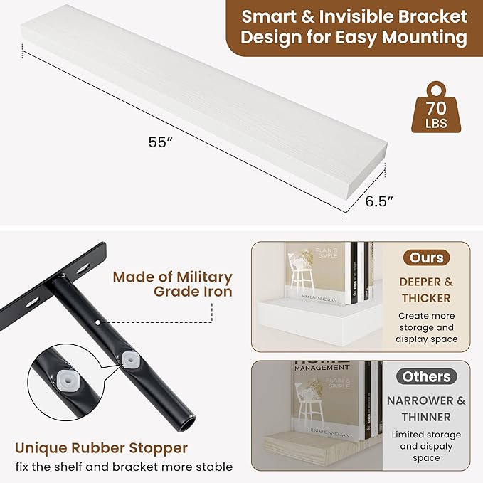 fuqing Floating Shelves for Wall, Bathroom Shelf Wall Mounted for Storage, Shelves with Invisible Bracket for Bedroom, Kitchen, Living Room, Farmhouse Small Book Shelf, 55 Inch Set of 2, White-NeatNest