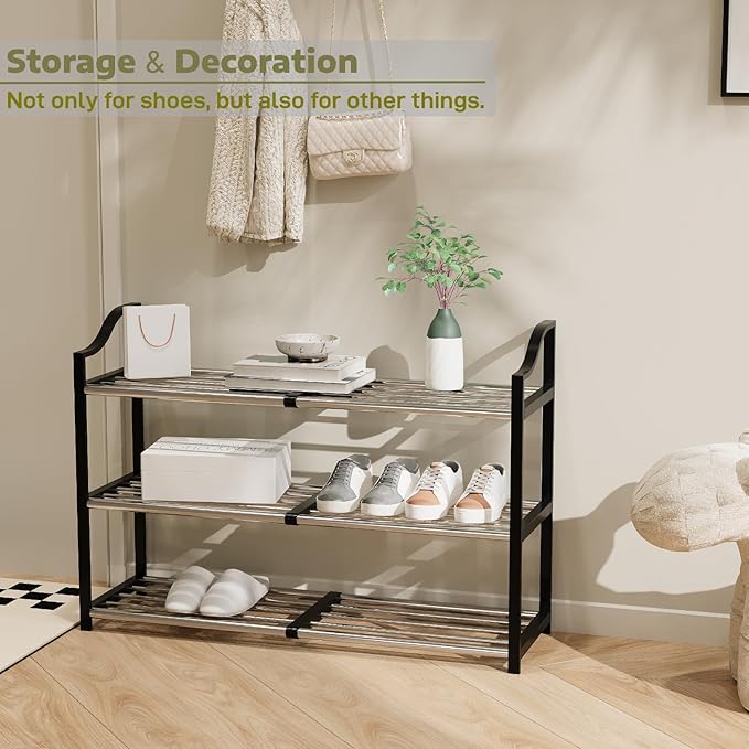 3-Tier Shoe Rack Expandable Shoe Rack for Closet Small Shoe Storage Rack for Entryway Adjustable Shoe Shelf for Small Space, Metal Shoe Organizer for Garage, Front Door Entrance
