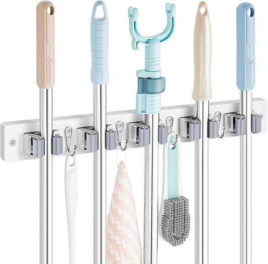 Mop and Broom Holder Wall Mount - White Broom Mop Hanger - Wall Mounted Garden Tool Rack Organizer for Closet Garage Laundry Room Kitchen Decor With 5 Slots & 4 Hooks-NeatNest