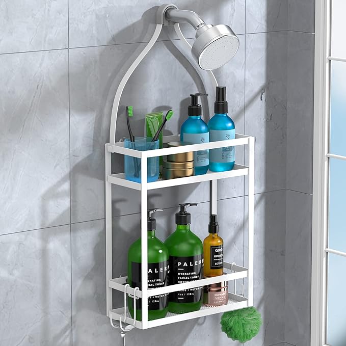 Meangood Shower Caddy 10.4" x 4.5" x 22.04" Hanging Shower Caddy Organizer Over Shower Head Big Capacity for Shampoo, Conditioner with Hooks for Razor/Sponge, White