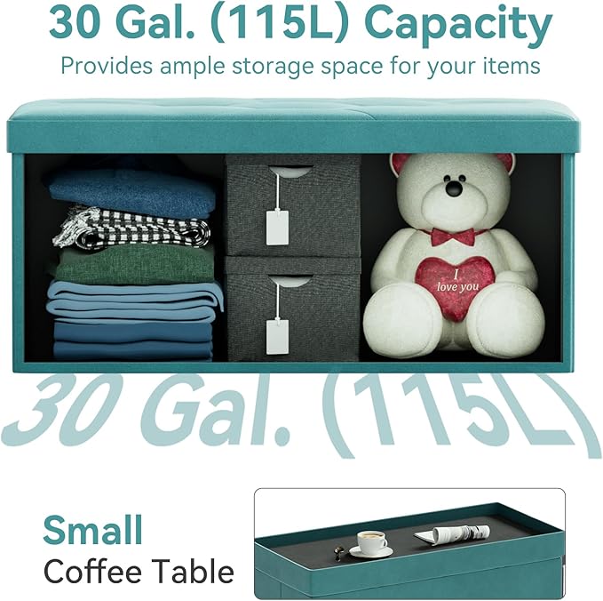 BRIAN & DANY Folding Storage Ottoman Bench, Ottoman with Storage, Foot Rest, Benches Seat for Bedroom, Living Room, Entryway, Long Shoes Bench, 15.7" x 31.5" x 15.7" Teal-NeatNest