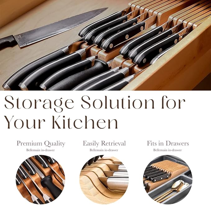 Bellemain 100% Pure Bamboo in Drawer Knife Block | 16 Knife Slots Knife Drawer Organizer | Store Knives Safely with The Blades Down | Storage Solution for Your Kitchen | Knife Organizer Drawer Insert-NeatNest