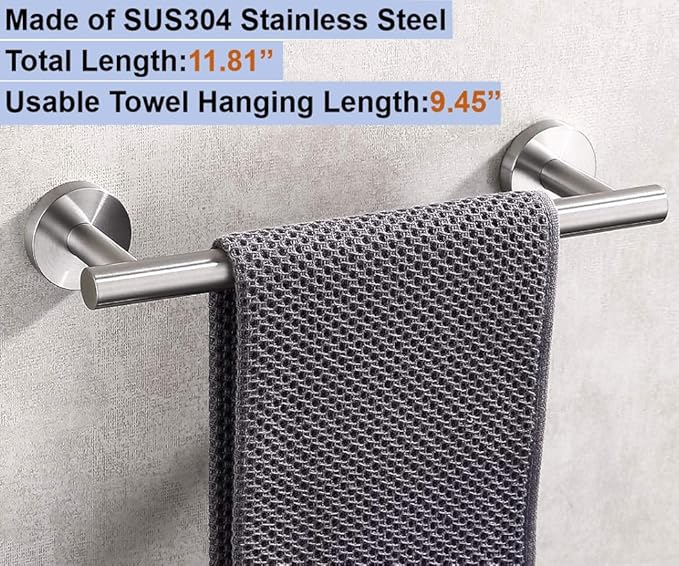 12 Inch Towel Bar for Bathroom 9/12/16/24/28/33 Inch Kitchen Hand Towel Holder Brushed Nickel SUS304 Stainless Steel RUSTPROOF Wall Mount Towel Rod (1, Brushed Nickel, 12 Inch)