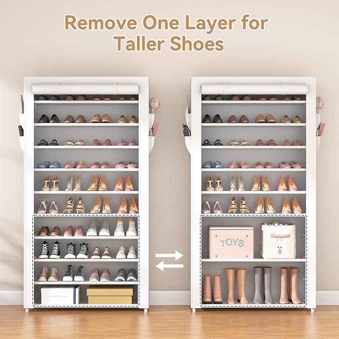 ROJASOP Shoe Rack with Covers 10 Tier Large Shoe Organizer Tall Shoe Closet Storage for 50-55 Pairs Shoe and Boot, Free Standing Shoe Rack Organizer for Closet, Entryway, Bedroom, White-NeatNest