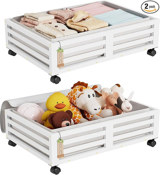Bamboo Under Bed Storage Containers- Underbed Organizer with Wheels with Large Dust Bag,Sturdy Wood Rolling Under the Bed Shoe Storage Organizer Drawer 2 Packs (White, Small)-NeatNest