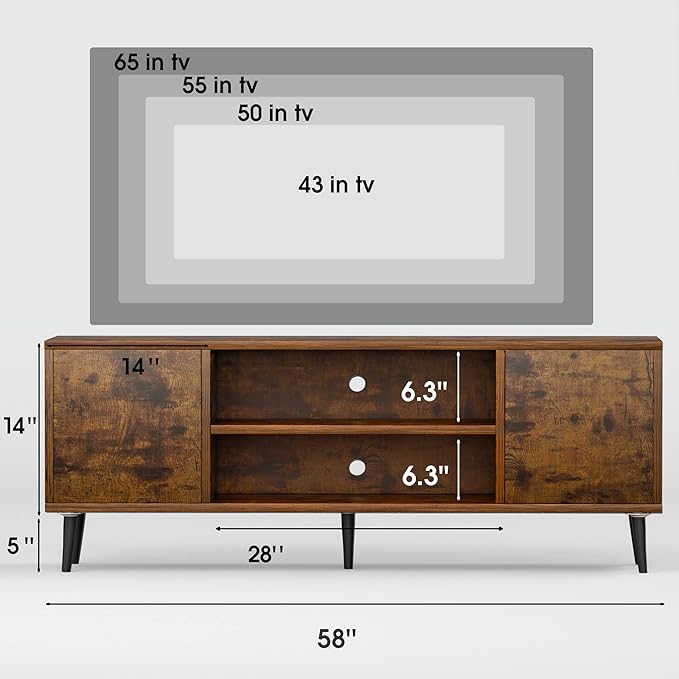 JUMMICO TV Stand for 65 Inch TV, Mid Century Modern TV Stand, Entertainment Center with Storage Cabinet and Open Shelves, TV Console Table Media Cabinet for Living Room, and Bedroom (Rustic Brown)-NeatNest