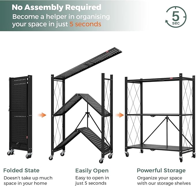 DEANIC 3 Tier Foldable Storage Shelves with Wheels, Kitchen Appliance Stand, Freestanding Metal Wire Shelf Rack, No Assembly Organizer Rolling Cart for Garage, Basement, Pantry(Black)
