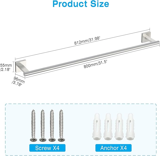 Towel Bar for Bathroom, 32 Inch Towel Rack Wall Mounted, SUS304 Stainless Steel Heavy Duty Towel Holder for Bathroom Laundry Room Hotel Modern Home Decor