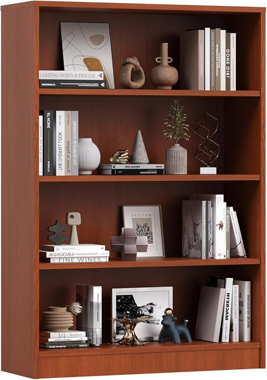 Farini 48 Inch Tall 4-Shelf Bookcase, Wood Bookshelf Storage Organizer Adjustable Shelf for Home Office, Study Room, Easy Assembly,Cherry