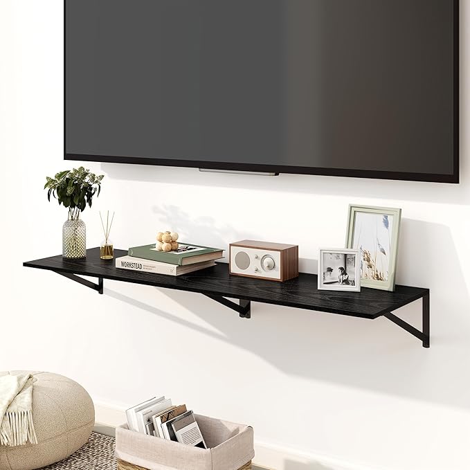 Fun Memories Floating Shelves for Wall, 12 Inch Deep Floating Shelves Set of 2, 24W x 12D Large Wall Shelf with Sturdy Metal Brackets for Living Room, Bathroom, Bedroom and Kitchen, Black-NeatNest