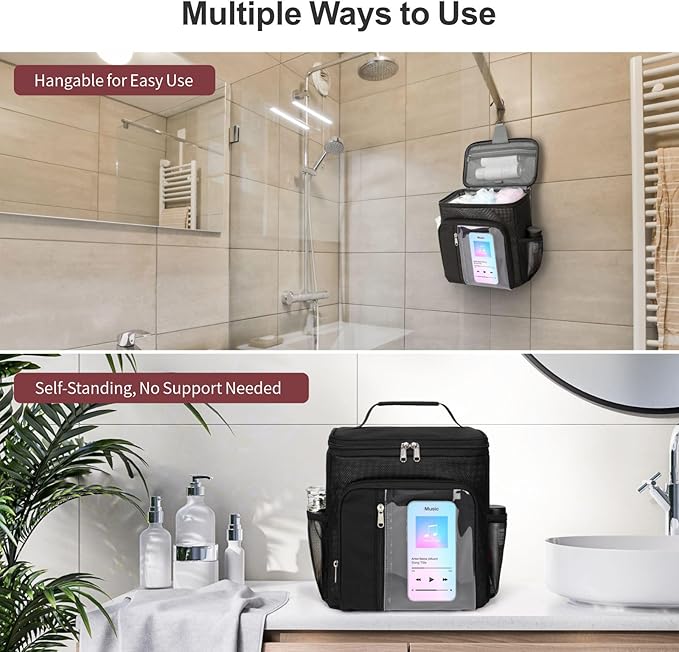 F-color Hanging Shower Caddy Portable - College Dorm Essentials for Guys with Hooks, Quick-Dry Shower Bag for Dorm Travel Gym Camping, Water-Resistant with Multiple Pockets, 2 Packs Black & Purple