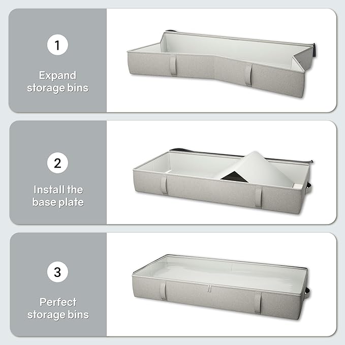 2-Pack Under Bed Storage Containers, 8 Inches Tall Underbed Clothes Storage Organizer Bin with Sturdy Sidewalls/Bottom, Under the Bed Storage Bags 2 Storage Bins, Light Grey-NeatNest