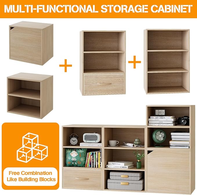 Garden 4 you Cube Storage Organizer Shelf, 3 Tiers Stackable Bookshelf with Drawer, Wooden Display Bookcase with 3 Cube Storage, Small Storage Cabinet for Living Room Bedroom, Natural-NeatNest
